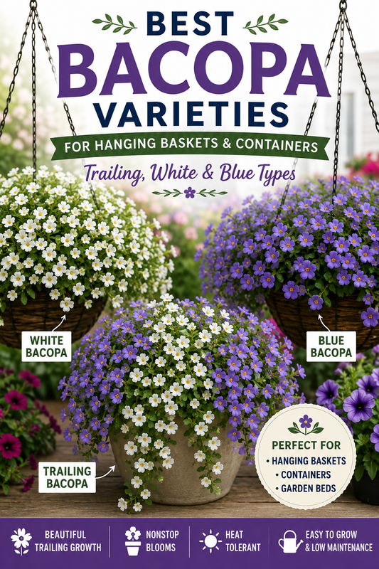 White and blue bacopa flowers cascading from hanging baskets and containers showing the best trailing bacopa varieties grown from seed
