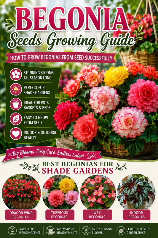 Colorful tuberous begonias and Dragon Wing begonias growing in hanging baskets and containers for shade gardens with begonia seeds growing guide