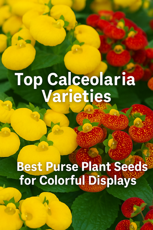 Colorful Calceolaria purse plant flowers in red, yellow, and spotted shades, grown from pelleted seeds — vibrant, compact plants perfect for containers and indoor displays