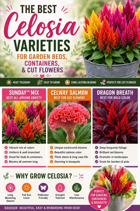 Colorful celosia flower varieties including plume, cockscomb, and Dragon Breath growing in garden beds and containers, showcasing the best celosia seeds for landscapes, pots, and cut flower gardens.