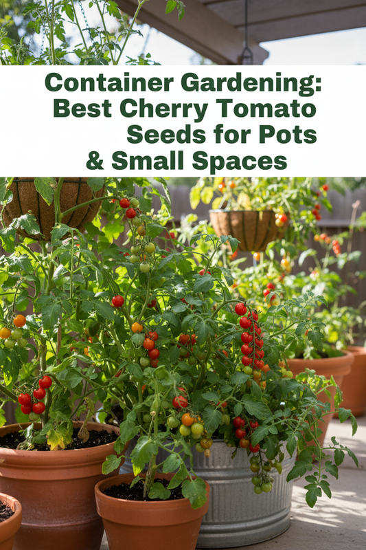 Cherry tomatoes growing in a container on a patio, ideal for small spaces.