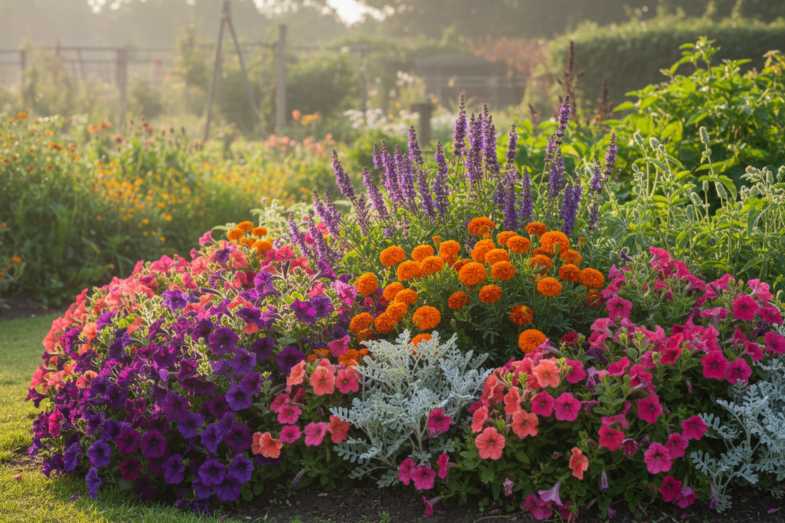 Trailing petunias, marigolds, dusty miller, and salvia growing together as companion plants in a sunny cottage garden bed