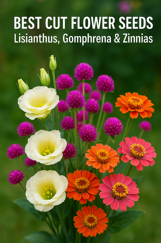 Lisianthus, Gomphrena Fireworks, and Zinnias arranged in a bright garden bouquet showing vibrant colors and textures — the best cut flower seeds for home gardens and florists
