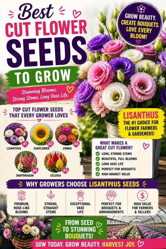 Best cut flower seeds to grow including lisianthus, sunflower, zinnia, snapdragon, and celosia with bright blooms for bouquets and flower gardens