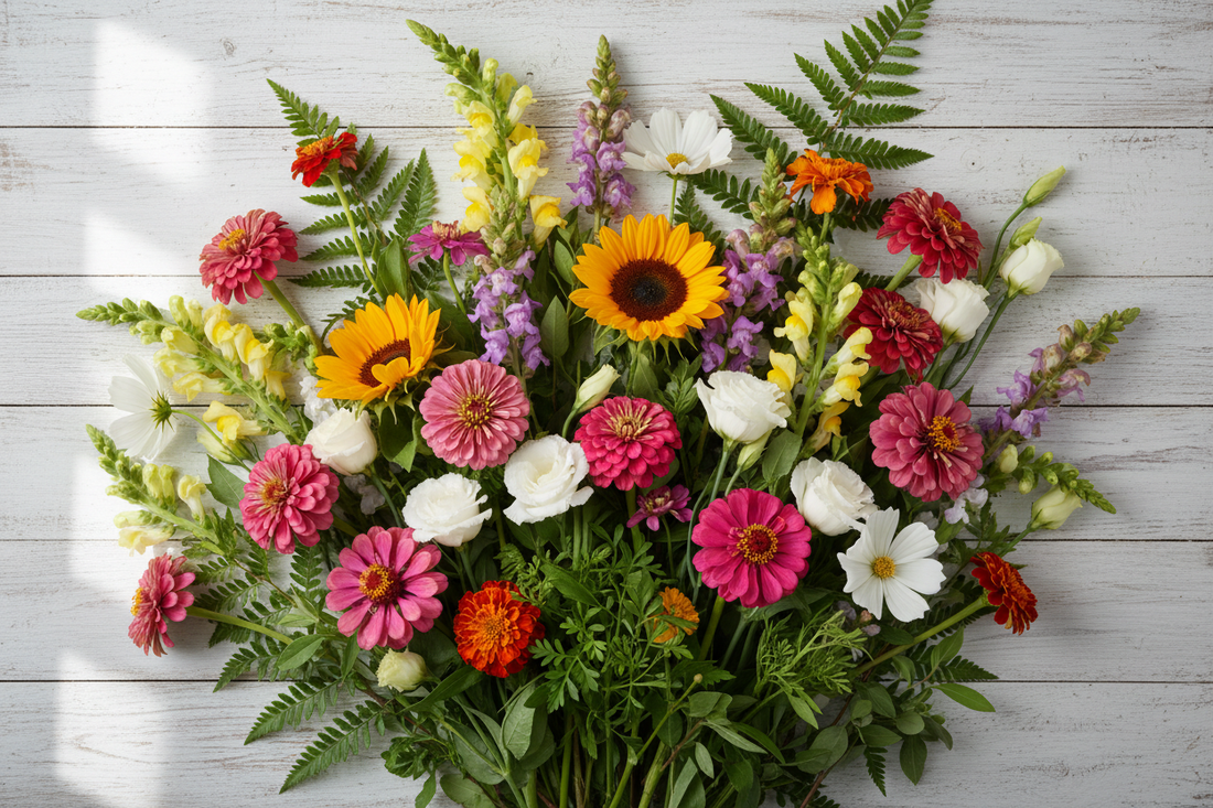 A stunning bouquet of freshly cut garden flowers grown from seed — zinnias, lisianthus, snapdragons, sunflowers, marigolds, and cosmos arranged on a rustic white wood surface