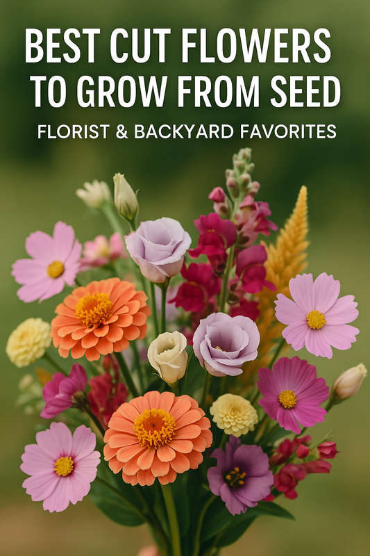 Colorful bouquet of cut flowers grown from seed including zinnias, lisianthus, snapdragons, cosmos, and celosia, perfect for florist bouquets and backyard arrangements.