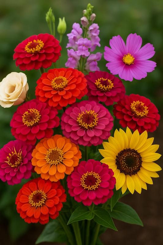 Fresh bouquet of cut flowers including zinnias, lisianthus, snapdragons, cosmos, and sunflowers grown from seed.”