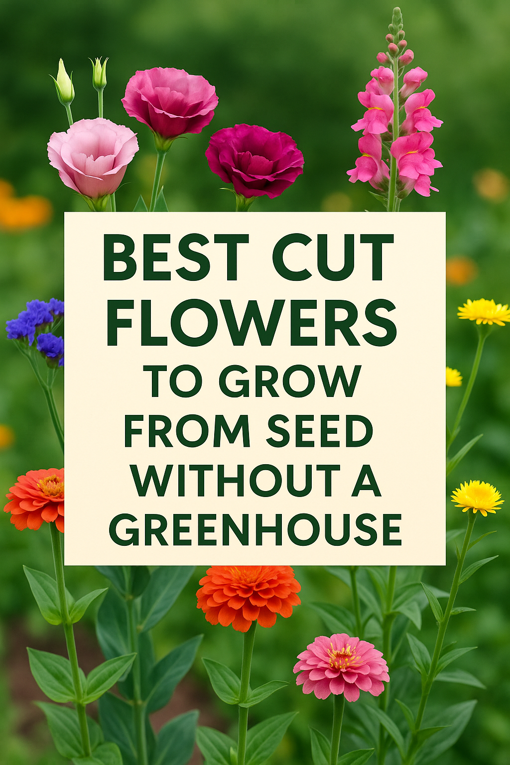Lisianthus, zinnias, snapdragons, statice, strawflowers, and cosmos blooming outdoors — the best cut flowers to grow from seed without a greenhouse