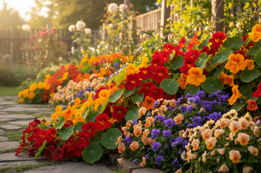 Best edible flower seeds to grow — nasturtiums and violas blooming together in a sunlit cottage garden