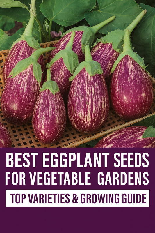 Striped purple eggplants in a harvest basket — best eggplant seeds for vegetable gardens