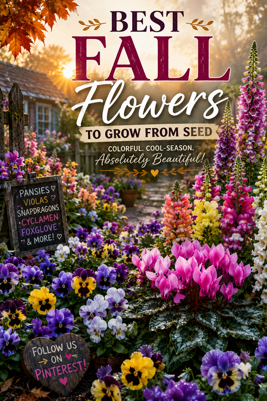 Best fall flowers to grow from seed in a colorful cottage garden featuring pansies, violas, snapdragons, cyclamen, and foxglove.