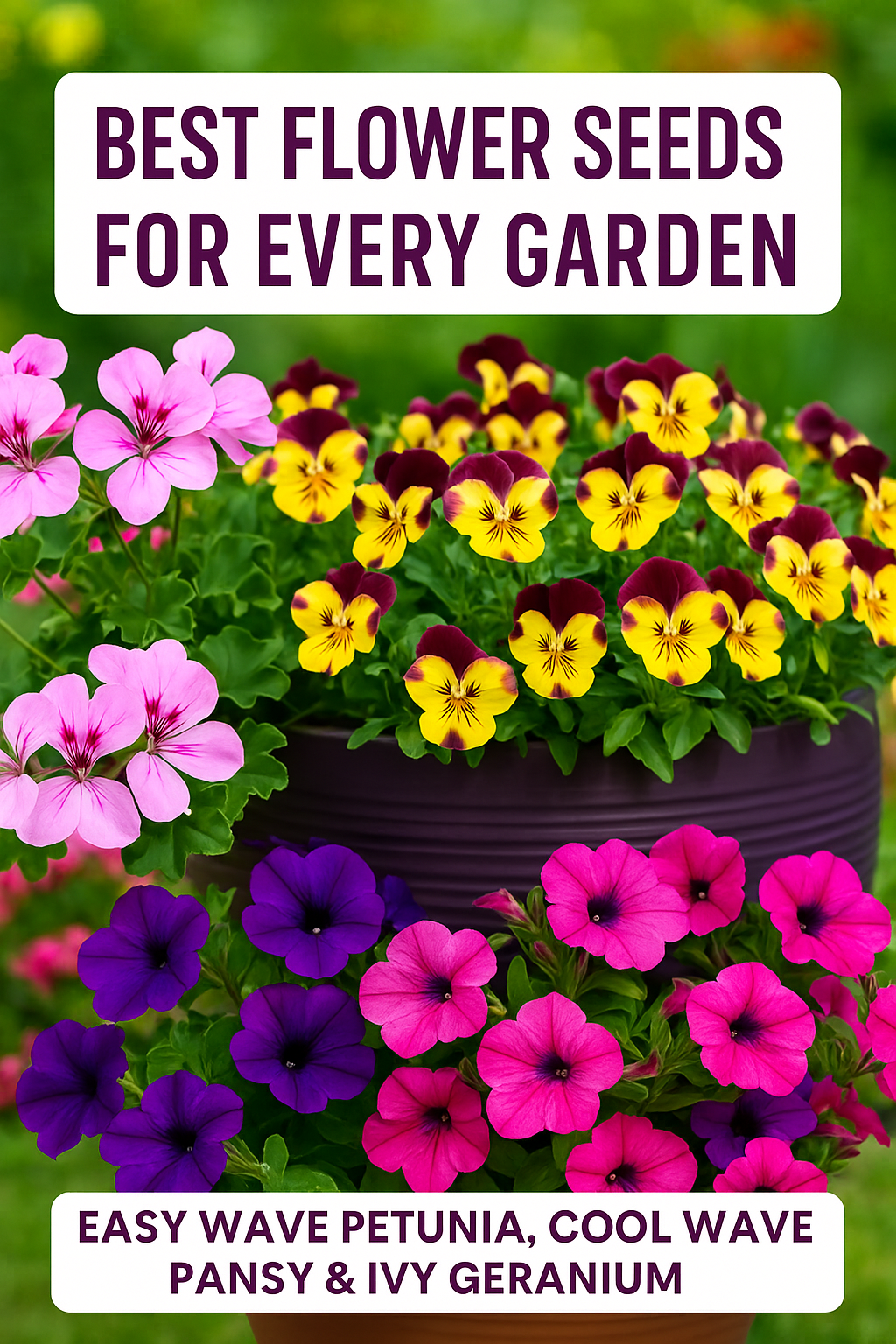 Beautiful hanging baskets filled with Easy Wave Petunia, Cool Wave Pansy, and Ivy Geranium — the best flower seed varieties for sun and shade gardens that bloom all season long.