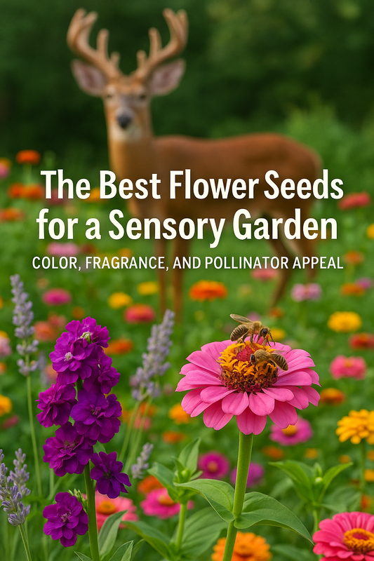 Colorful sensory garden with fragrant flowers, buzzing bees, and a deer in the background, showcasing vibrant blooms perfect for pollinator-friendly gardening