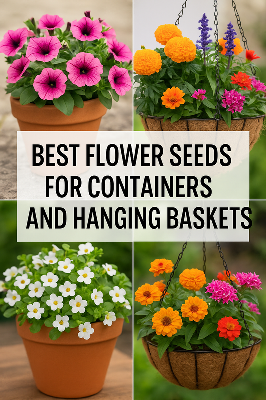 Colorful collage of flower-filled containers and hanging baskets featuring petunias, marigolds, bacopa, and zinnias — representing the best flower seeds for planters and hanging baskets from Trailing Petunia