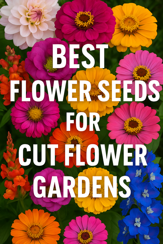 Bright bouquet of lisianthus, snapdragons, zinnias, celosia, and delphiniums grown from seed, showing the best flower seeds for cut flower gardens with vibrant colors and long vase life