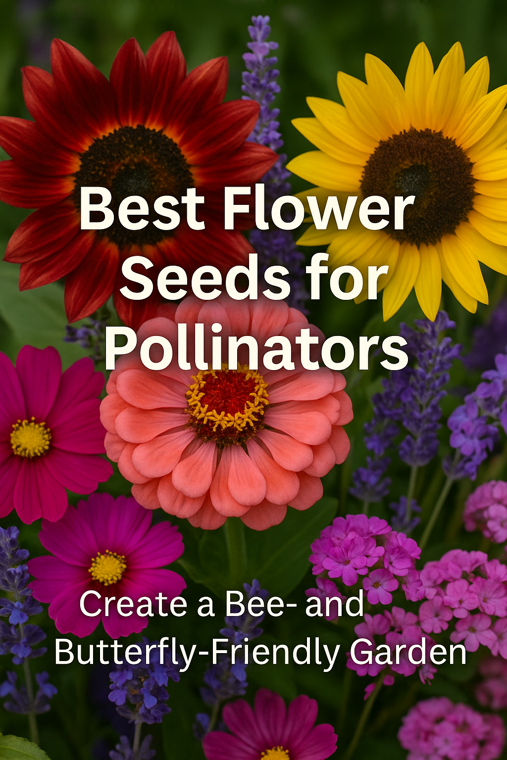 Colorful collage of zinnias, cosmos, sunflowers, lavender, echinacea, and salvia with bees and butterflies, representing the best flower seeds for pollinator-friendly gardens