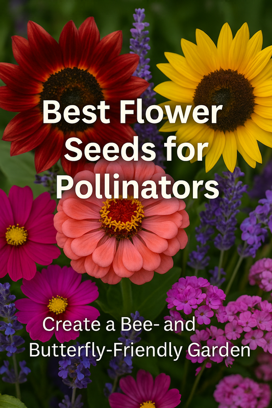 Colorful collage of zinnias, cosmos, sunflowers, lavender, echinacea, and salvia with bees and butterflies, representing the best flower seeds for pollinator-friendly gardens