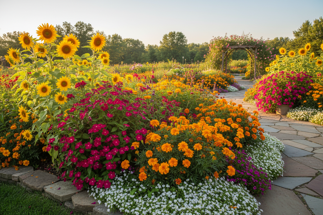 Colorful heat-tolerant flowers including vinca, marigolds, pentas, and sunflowers blooming in a hot sunny garden