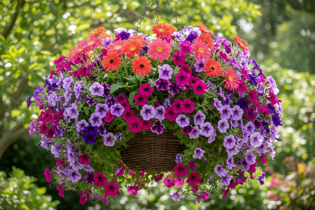 Best flower seeds to grow — trailing petunias and gerbera daisies cascading from a hanging basket