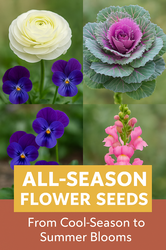 A colorful garden display showing zinnias, marigolds, ranunculus, and petunias in full bloom with the text “Best Flower Seeds to Grow from Seed | Top Varieties for Every Gardener.” Perfect Pinterest image for promoting top flower seed varieties