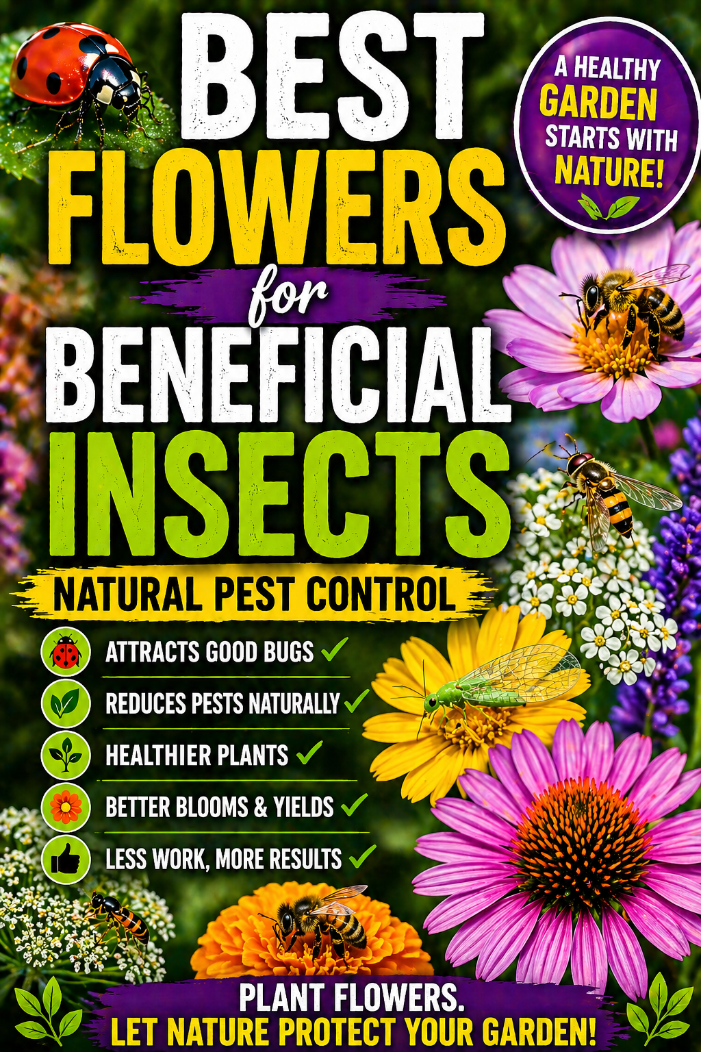 best flowers for beneficial insects to attract ladybugs, lacewings, and pollinators for natural pest control