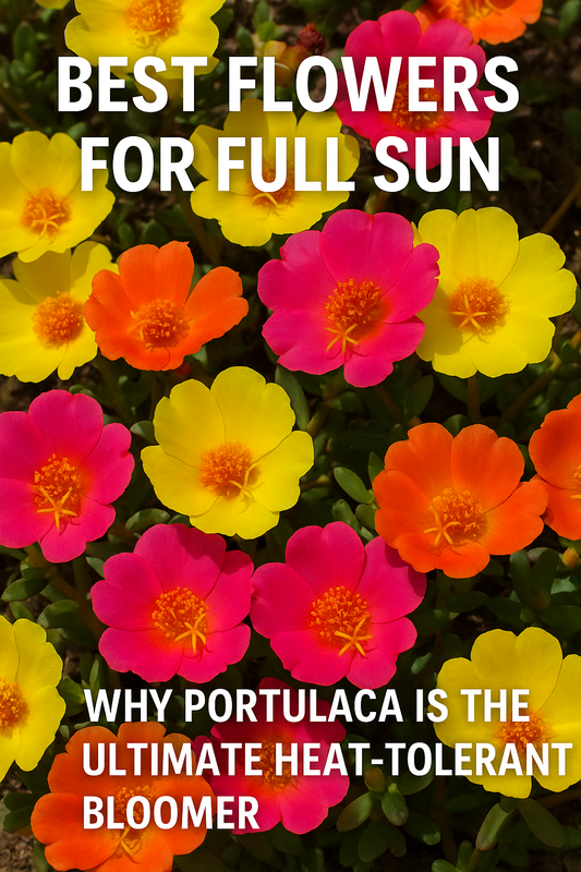 A vibrant garden display of Portulaca Moss Rose flowers blooming in full sun with shades of yellow, pink, and orange, showing why Portulaca is one of the best heat-tolerant flowers for summer gardens and containers