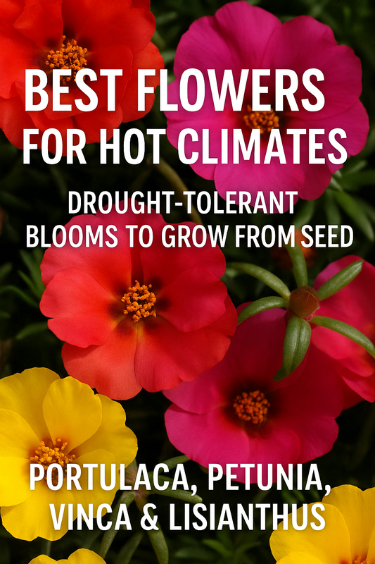 A vibrant mix of Portulaca, Petunia, Vinca, and Lisianthus blooms showcasing the best heat- and drought-tolerant flowers to grow from seed for long-lasting summer color.
