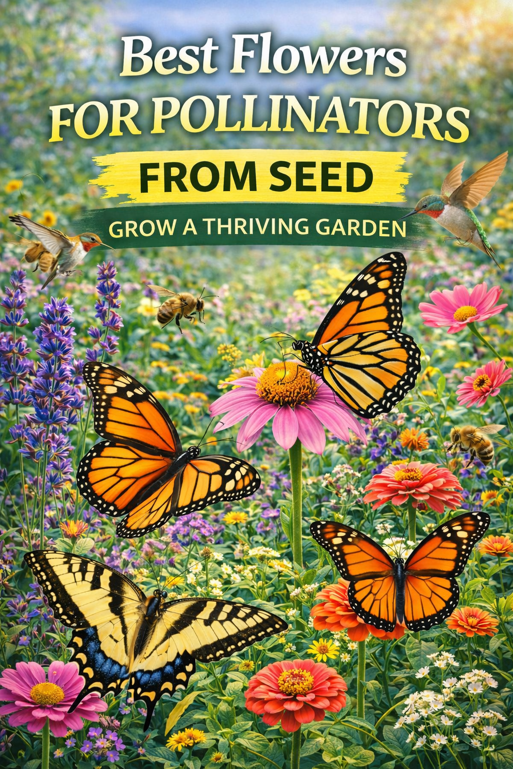 Best flowers for pollinators from seed featuring bees, monarch butterflies, and hummingbirds feeding on colorful garden blooms