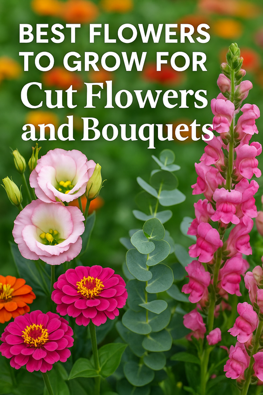 Lisianthus, zinnias, and snapdragons arranged in a colorful bouquet for cutting gardens