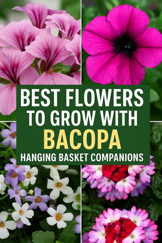 Ivy Geranium, Verbena, Wave Petunia, and Bacopa flowers in bright pink, lavender, and white with text overlay Best Flowers to Grow with Bacopa | Hanging Basket Companions