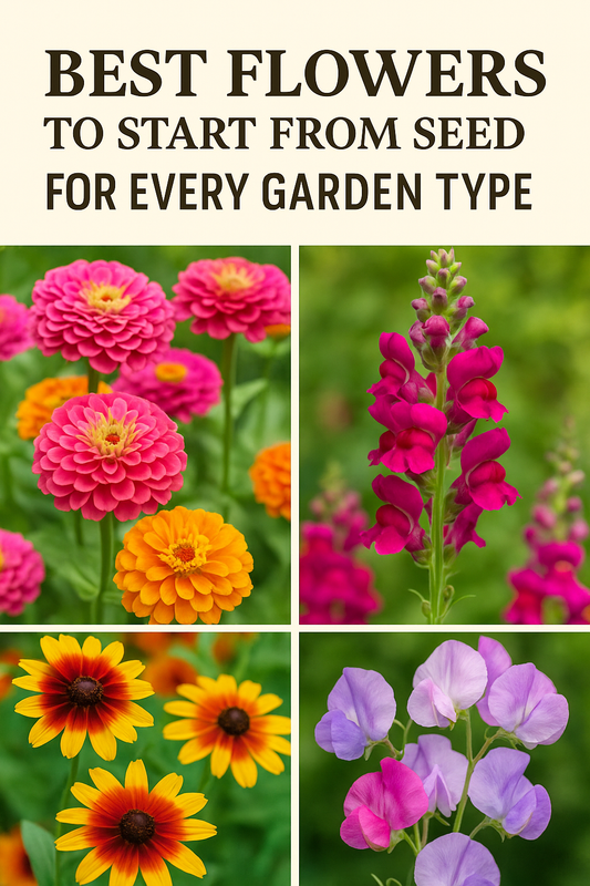 Lisianthus, Zinnias, Marigolds, Cosmos, Sunflowers, and Snapdragons blooming together in a bright, colorful garden — the best flowers to start from seed for every garden type