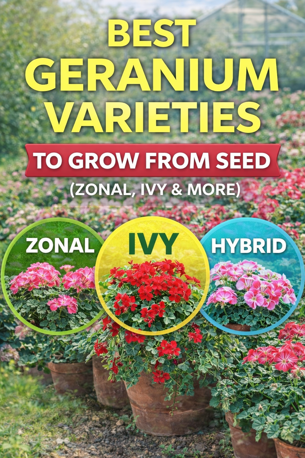 Best geranium varieties from seed showing zonal and ivy geranium flowers in bright colors for containers, hanging baskets, and garden beds