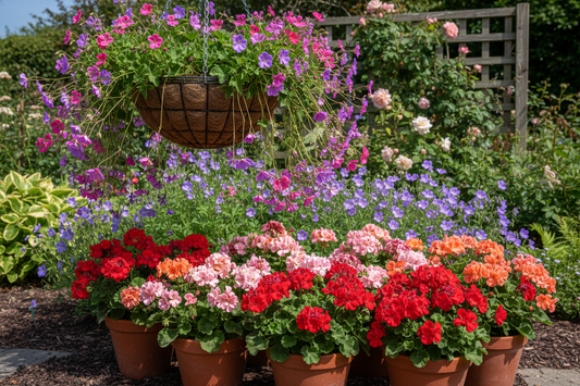 Mixed geranium varieties including zonal, ivy, and hardy cranesbill geraniums growing in a sunny cottage garden"