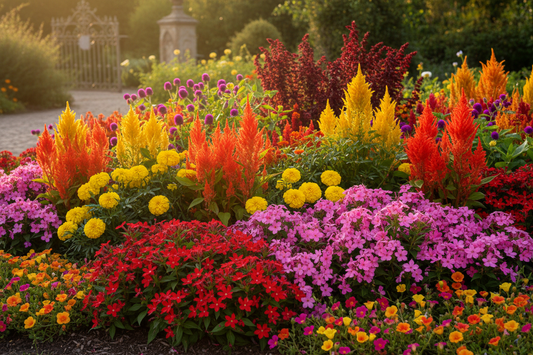 Best heat-tolerant annual flowers to grow from seed — pentas, celosia, marigolds, gomphrena, portulaca, and salvia in full summer bloom
