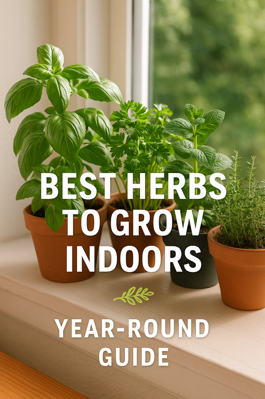 Indoor herb garden with basil, parsley, mint, and thyme growing in pots on a sunny windowsill, featuring text overlay Best Herbs to Grow Indoors Year-Round Guide.
