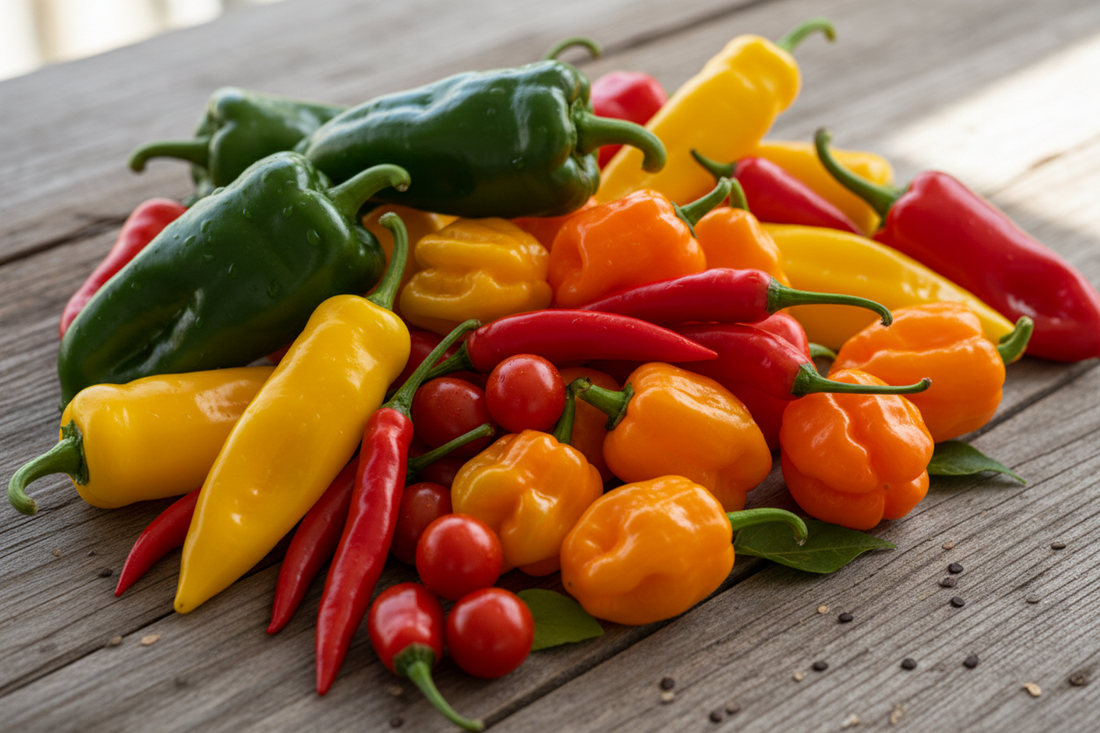 Colorful assortment of hot pepper varieties including poblano, habanero, tabasco, and cherry peppers on a rustic wooden surface