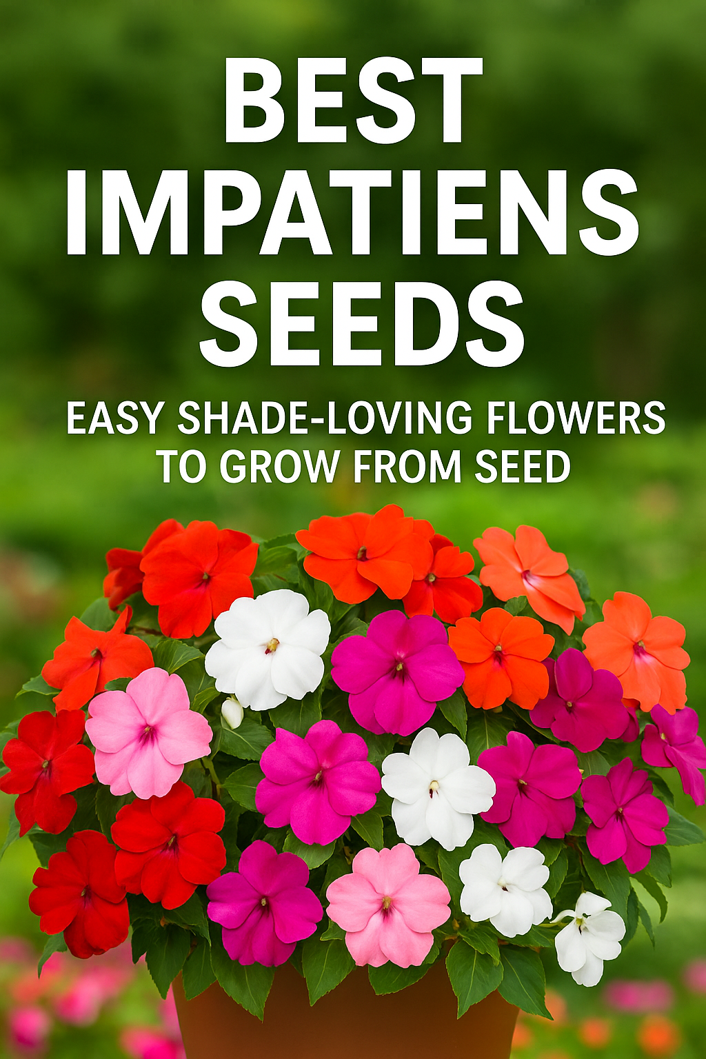 Colorful impatiens flowers in red, pink, white, and purple shades growing in pots, ideal shade-loving flowers started easily from seed.