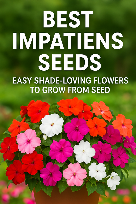 Colorful impatiens flowers in red, pink, white, and purple shades growing in pots, ideal shade-loving flowers started easily from seed.