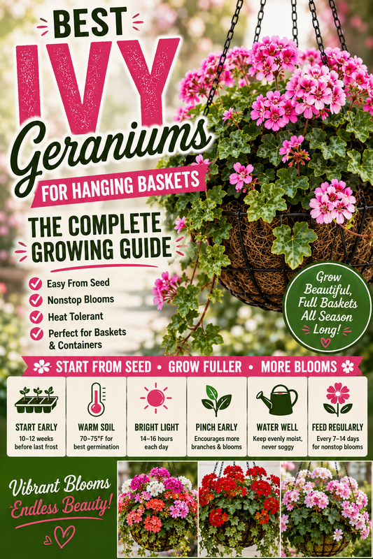 Beautiful ivy geranium hanging baskets overflowing with colorful blooms, showcasing the best ivy geraniums for hanging baskets and container gardens.