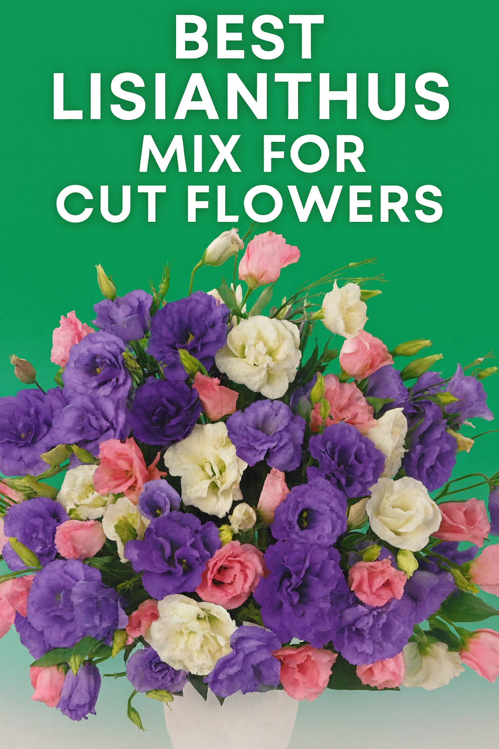 Beautiful Lisianthus Echo Mix flowers in purple, white, and pink shades arranged as a lush cut flower bouquet, showcasing why this mix is a top choice for gardeners and florists