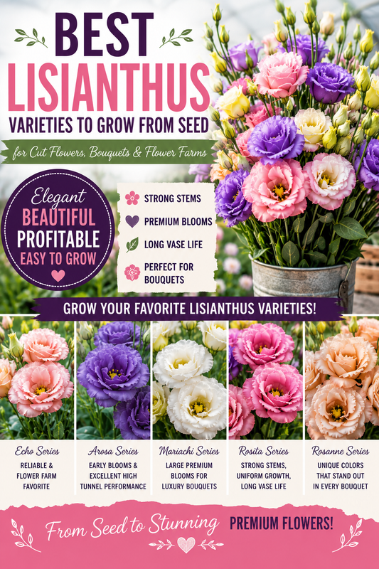 Best lisianthus varieties grown from seed including Rosanne, Arosa, Mariachi, Rosita, and Echo series for cut flowers, bouquets, and flower farms