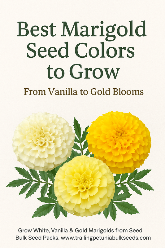 White, vanilla, and gold African marigold flowers in full bloom — showing the best marigold seed colors to grow for bright summer gardens and pollinator-friendly flower beds.