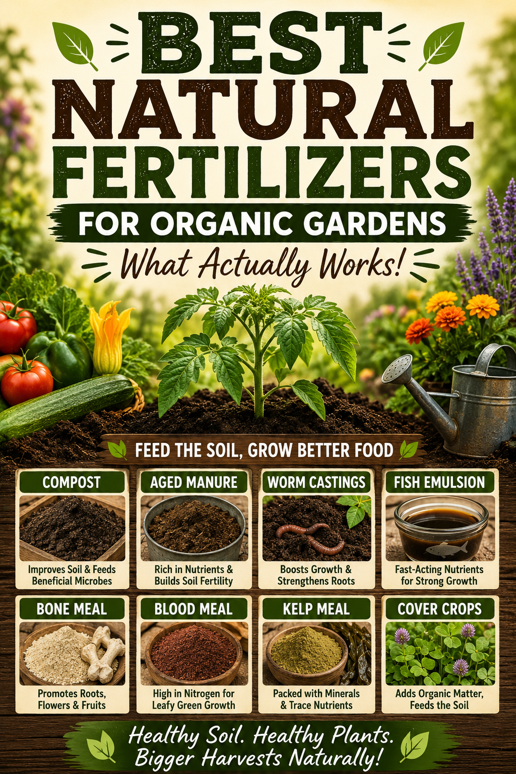 Organic vegetable garden showing compost, worm castings, natural fertilizers, and healthy plants growing in rich soil.