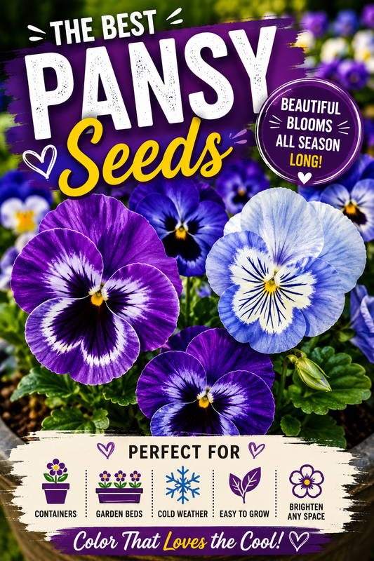 Colorful purple and blue pansy flowers showing the best pansy seeds for containers, garden beds, and cold-weather gardens.
