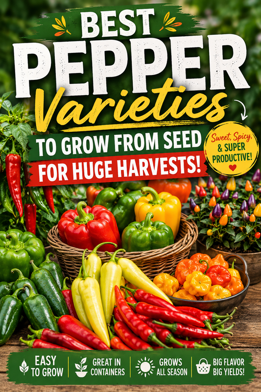 Colorful collection of sweet bell peppers, jalapeños, banana peppers, chili peppers, and ornamental peppers showcasing the best pepper varieties to grow from seed for large harvests, healthy plants, and productive home vegetable gardens.