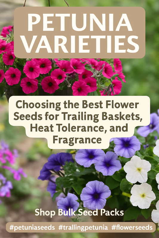 Vibrant mix of trailing and upright petunias in pink, purple, and white blooms thriving in sunny hanging baskets.