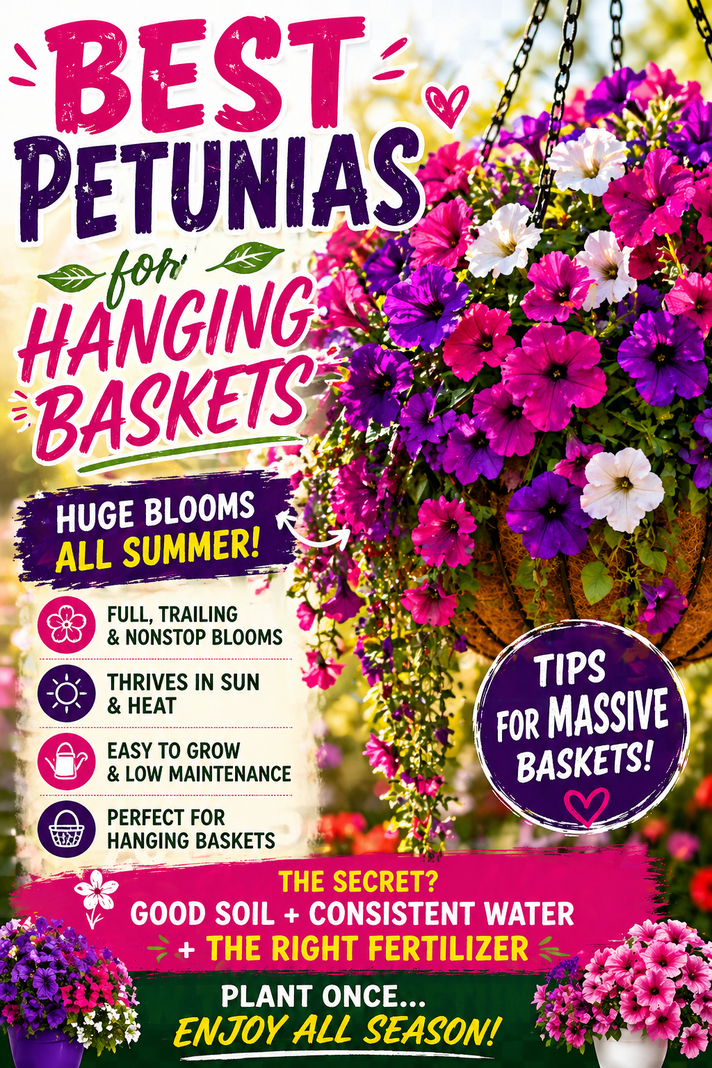 Best petunias for hanging baskets with full colorful blooms spilling over basket, vibrant pink purple and white flowers growing in sunny garden all summer
