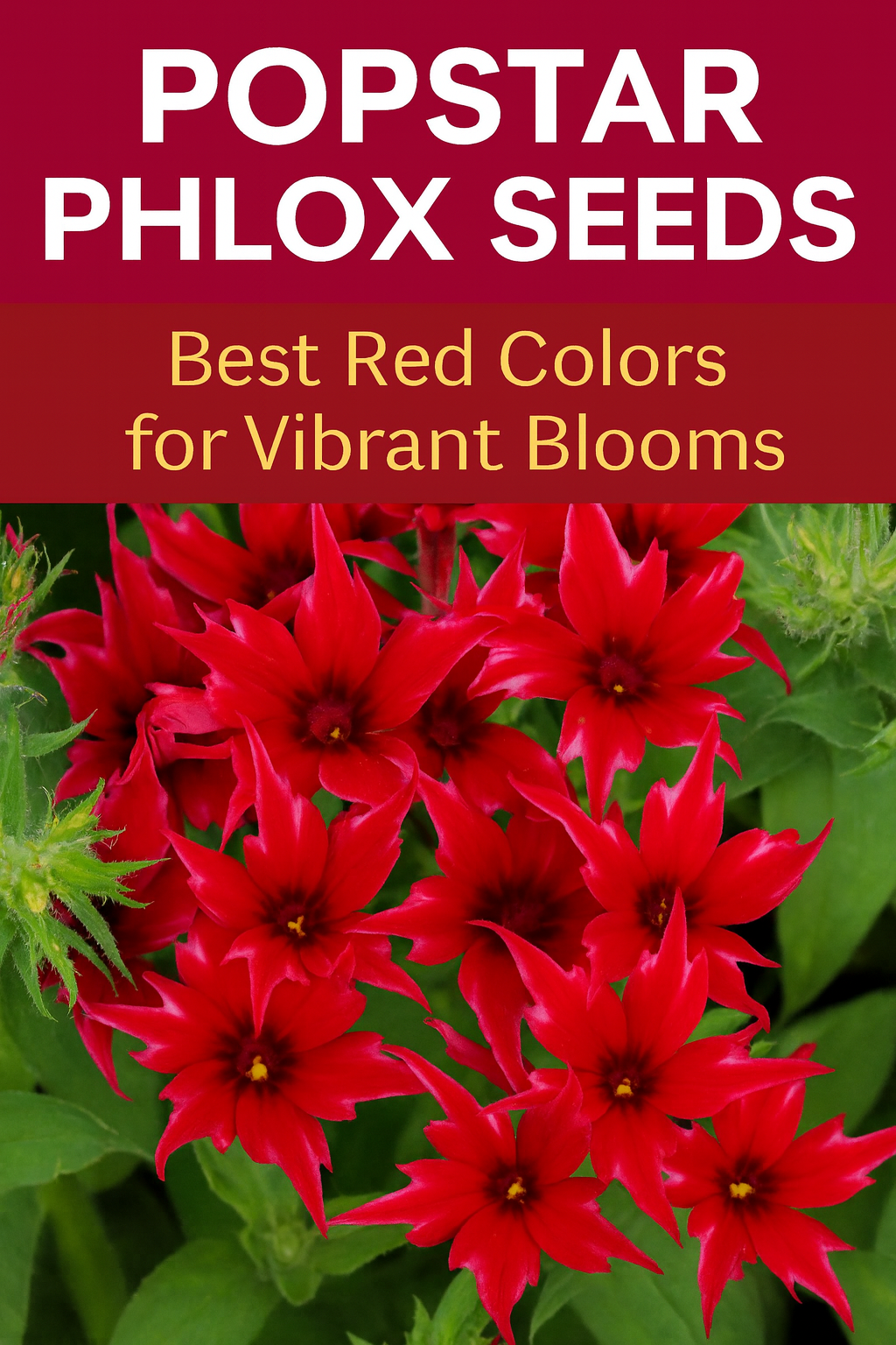Bright red star-shaped Popstar Phlox flowers — Pinterest graphic for Best Popstar Phlox Seeds Top Colors for Containers & Gardens