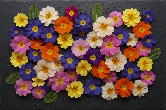 Colorful primrose flowers in blue, pink, violet, orange and yellow — premium primula seeds for early spring blooms started in late fall and winter
