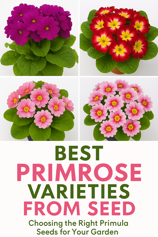Bright display of colorful primula and primrose flowers grown from seed, showcasing the best primrose seed varieties for gardens and containers